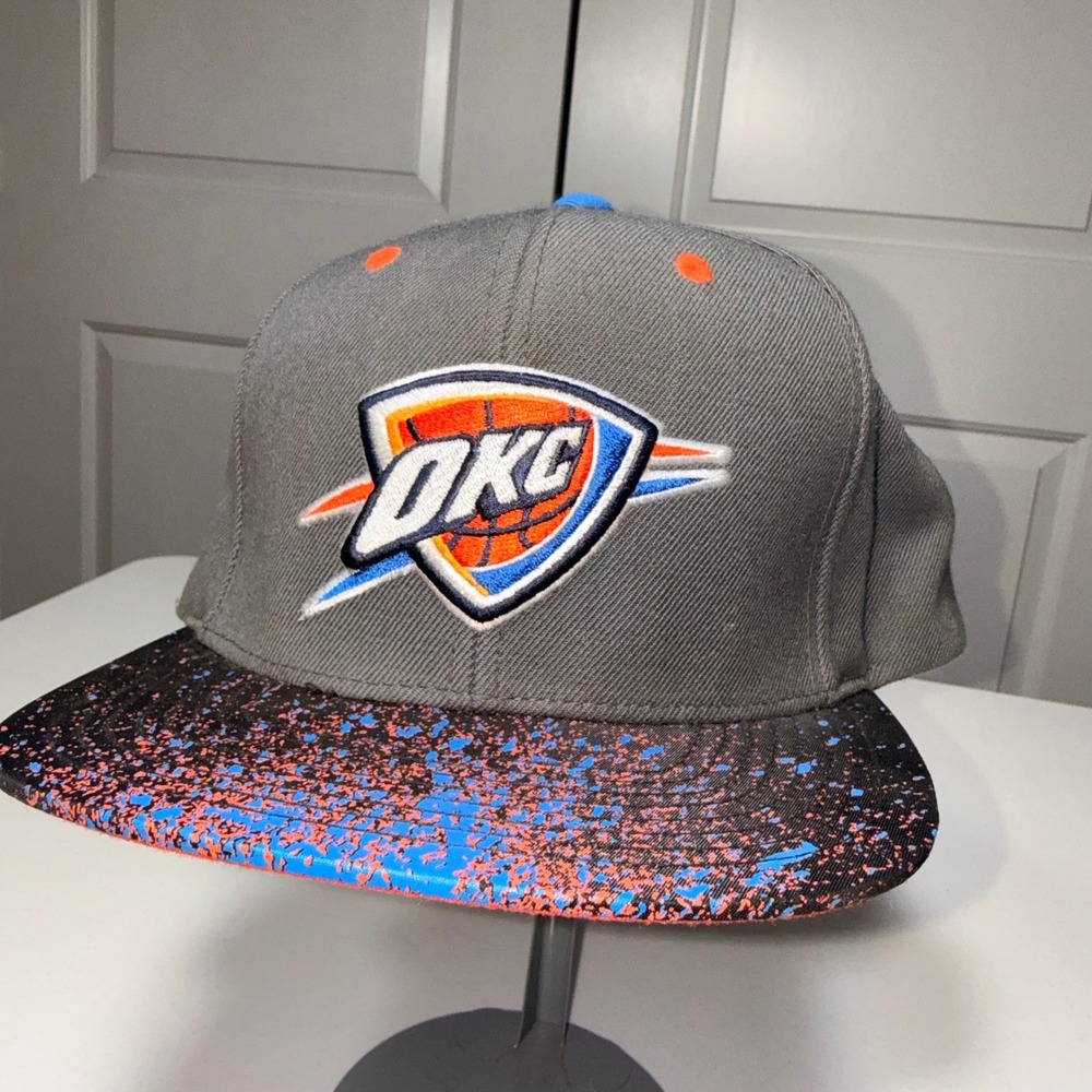 Mitchell & Ness OKC Thunder Snapback Hat Grey Orange Blue Splatter NBA Cap
